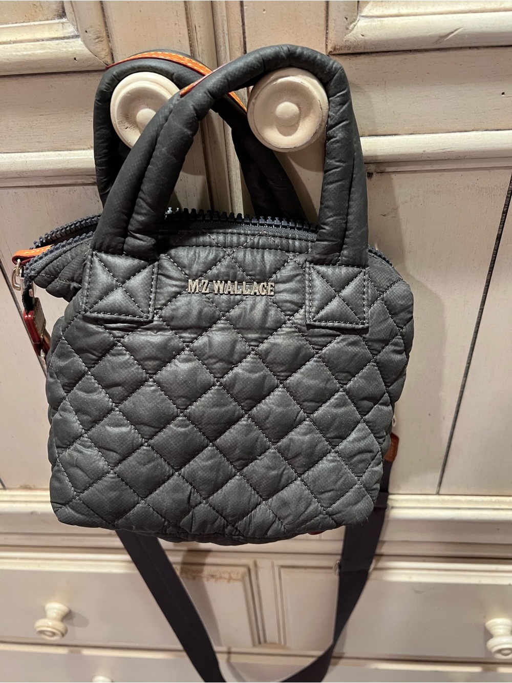 MZ Wallace Magnet (gray) Quilted Micro Sutton Crossbody Bag with tan Trim